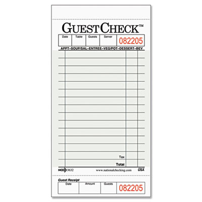 National Checking Company Guest Check Pad w/Stub, 3 1/2